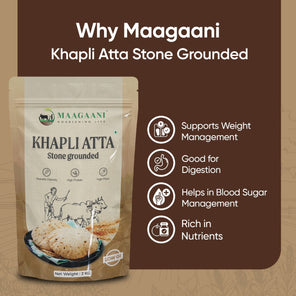 Maagaani Khapli Atta packaging with health benefits on a brown background