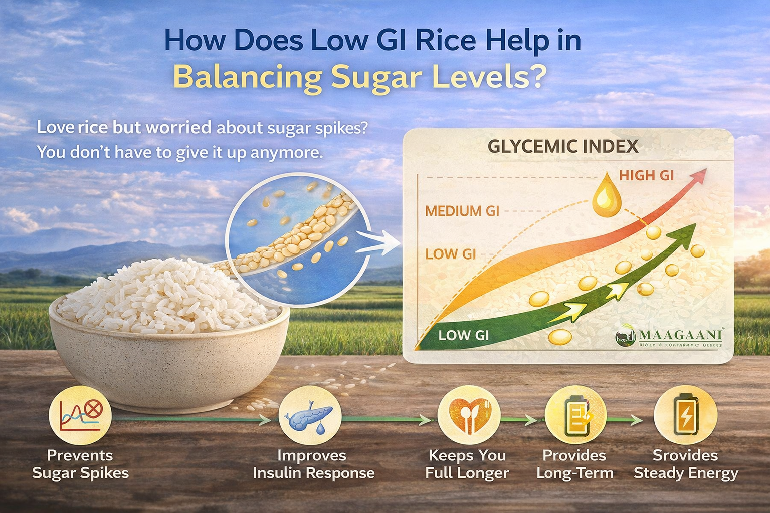 Illustration showing low GI rice releasing glucose slowly to help balance blood sugar levels and provide steady energy.
