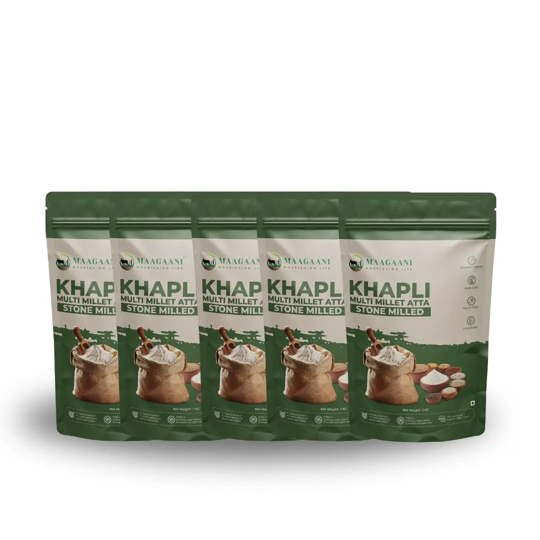 Five packages of Khapli Multi Millet Atta on a white background