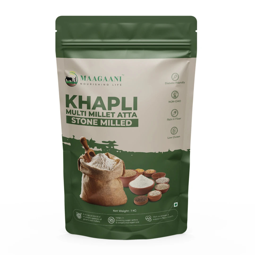 Green package of Maagaani Khapli Multi Millet Atta on a white background