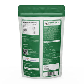 Green package with nutritional information and cooking instructions on a white background