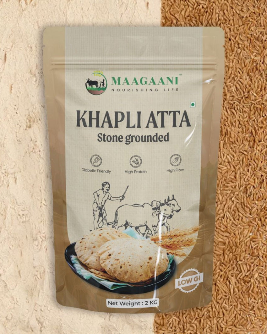 Maagaani Khapli Atta packaging on a textured background