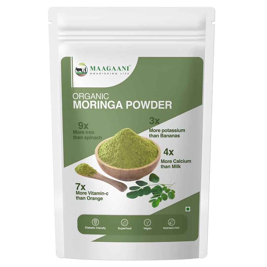 Package of Maagaan Organic Moringa Powder with health benefits on a white background