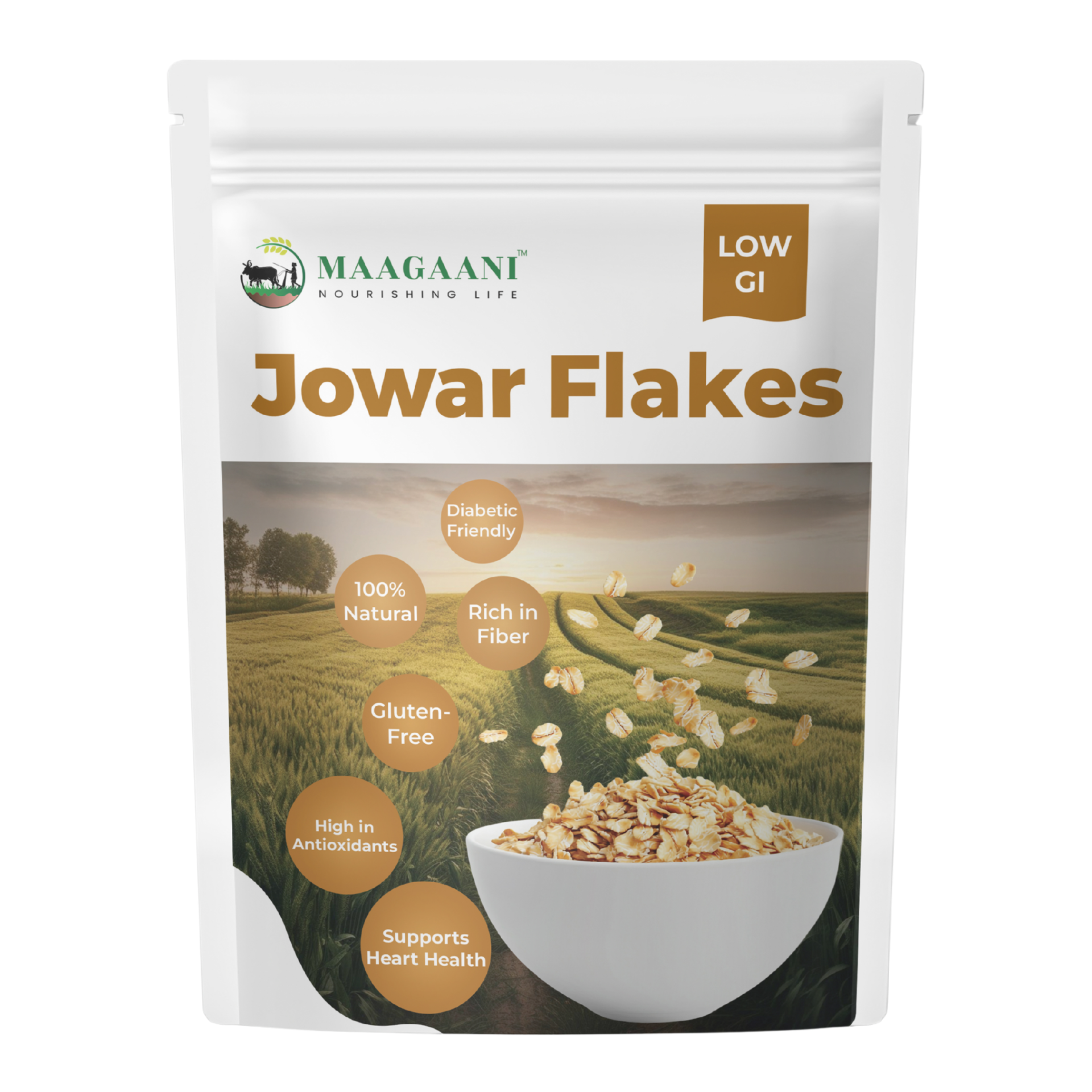 Package of Maagaani Jowar Flakes with a field and bowl of flakes on the label.