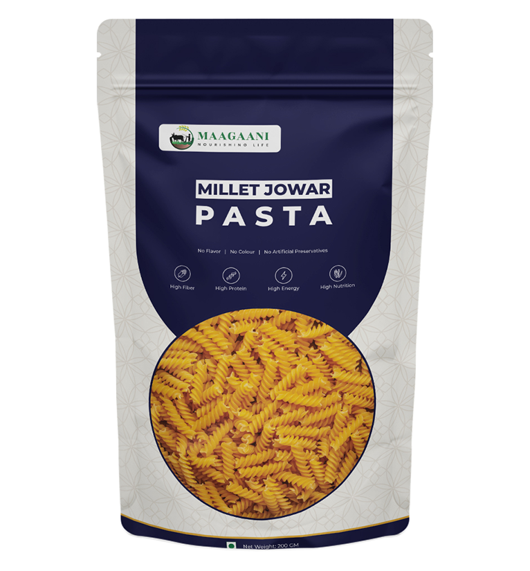 Packaging of Maagaani Low GI Jowar Millet Pasta showing the pasta inside a transparent window, with the brand logo and product information.
