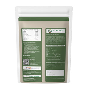 Packaging of Maagaani Spinach Khapli Atta with a depiction of flour and spinach leaves on the front.