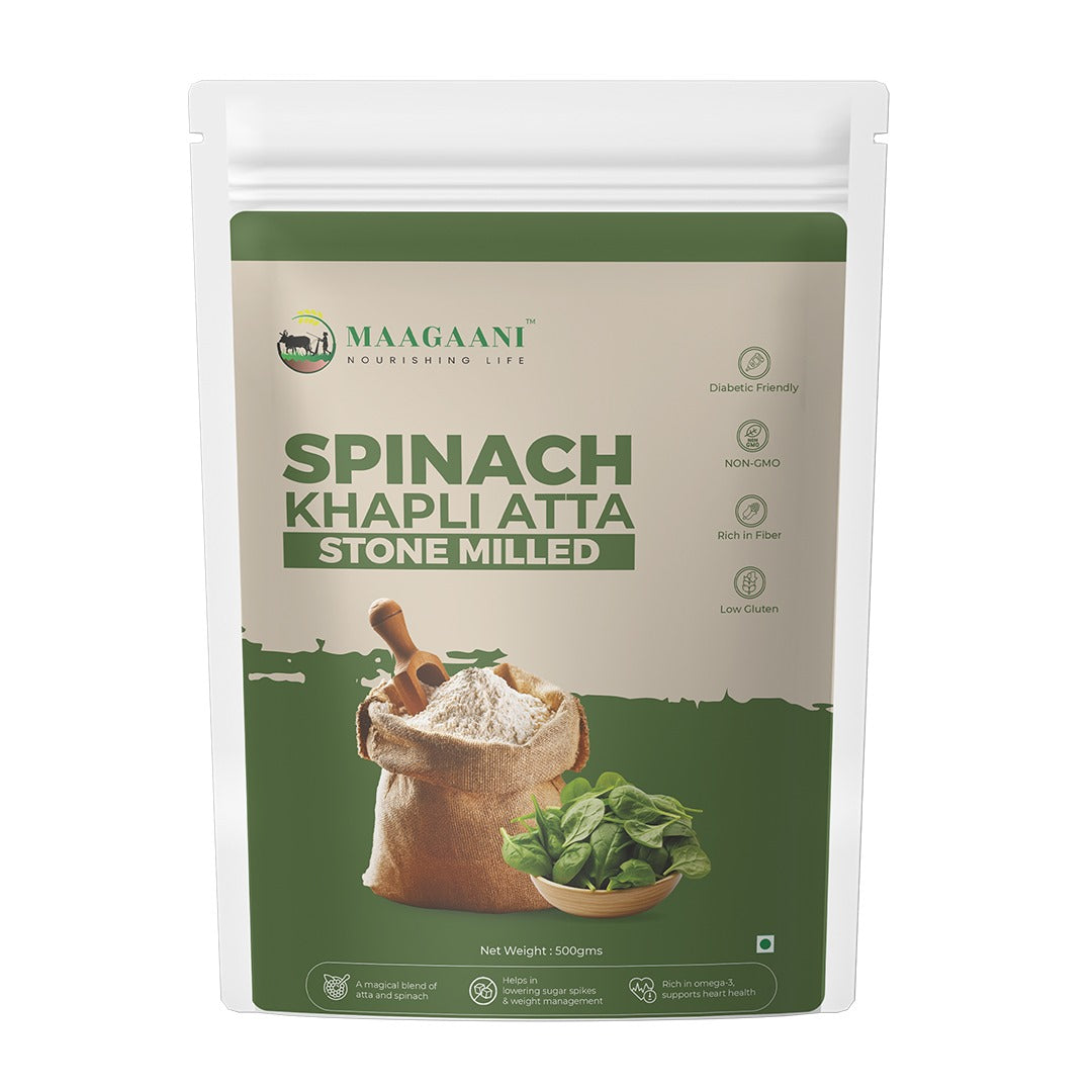 Packaging of Maagaani Spinach Khapli Atta with a depiction of flour and spinach leaves on the front.