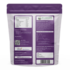 Purple package with nutritional information and cooking instructions on a white background