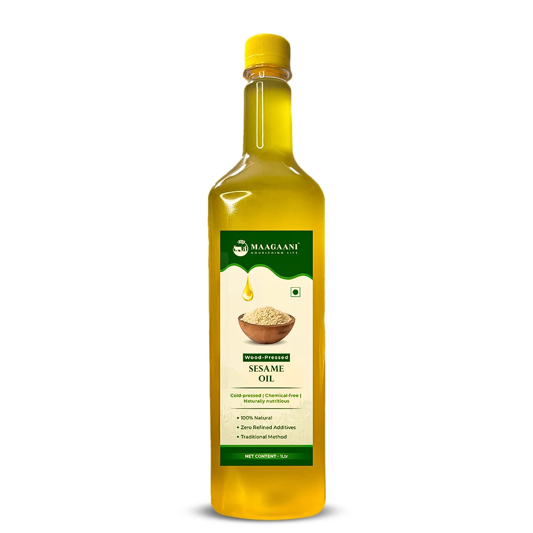 Bottle of Maagaani Sesame Oil on a white background