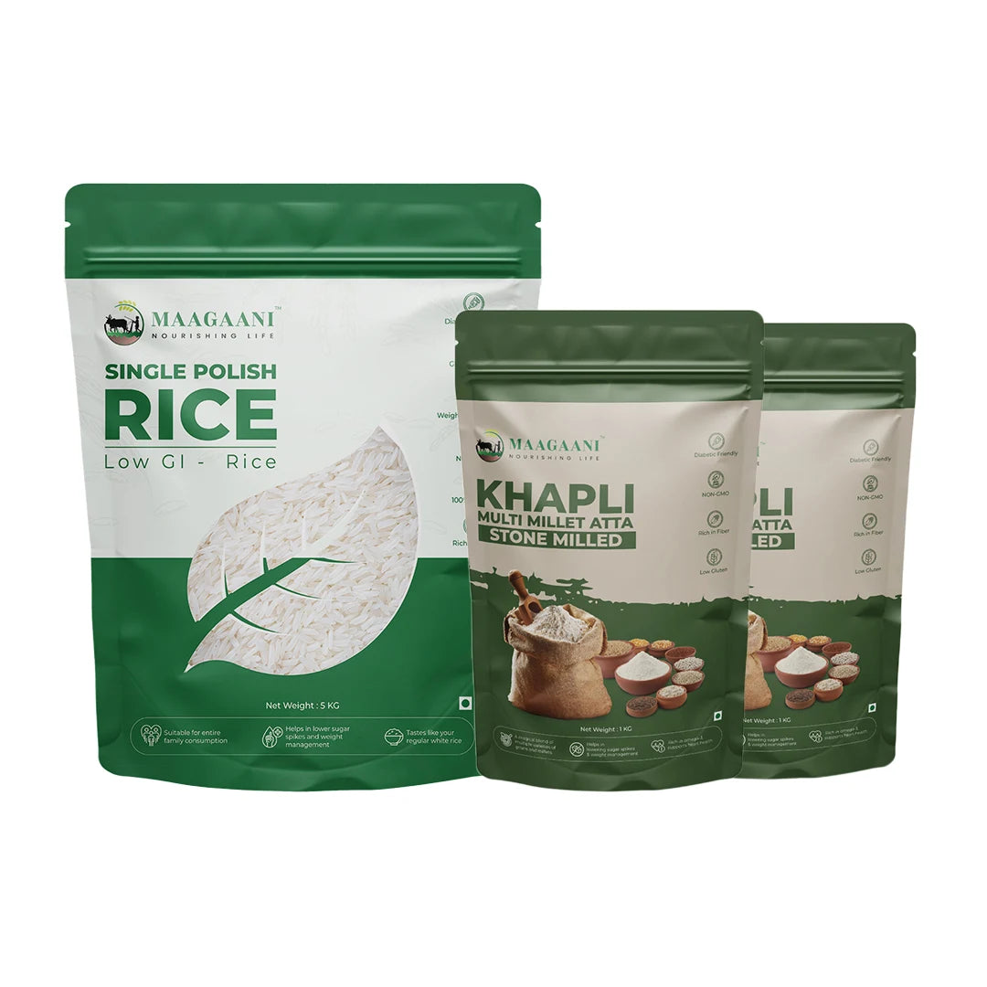Three Maagani branded rice packages on a white background