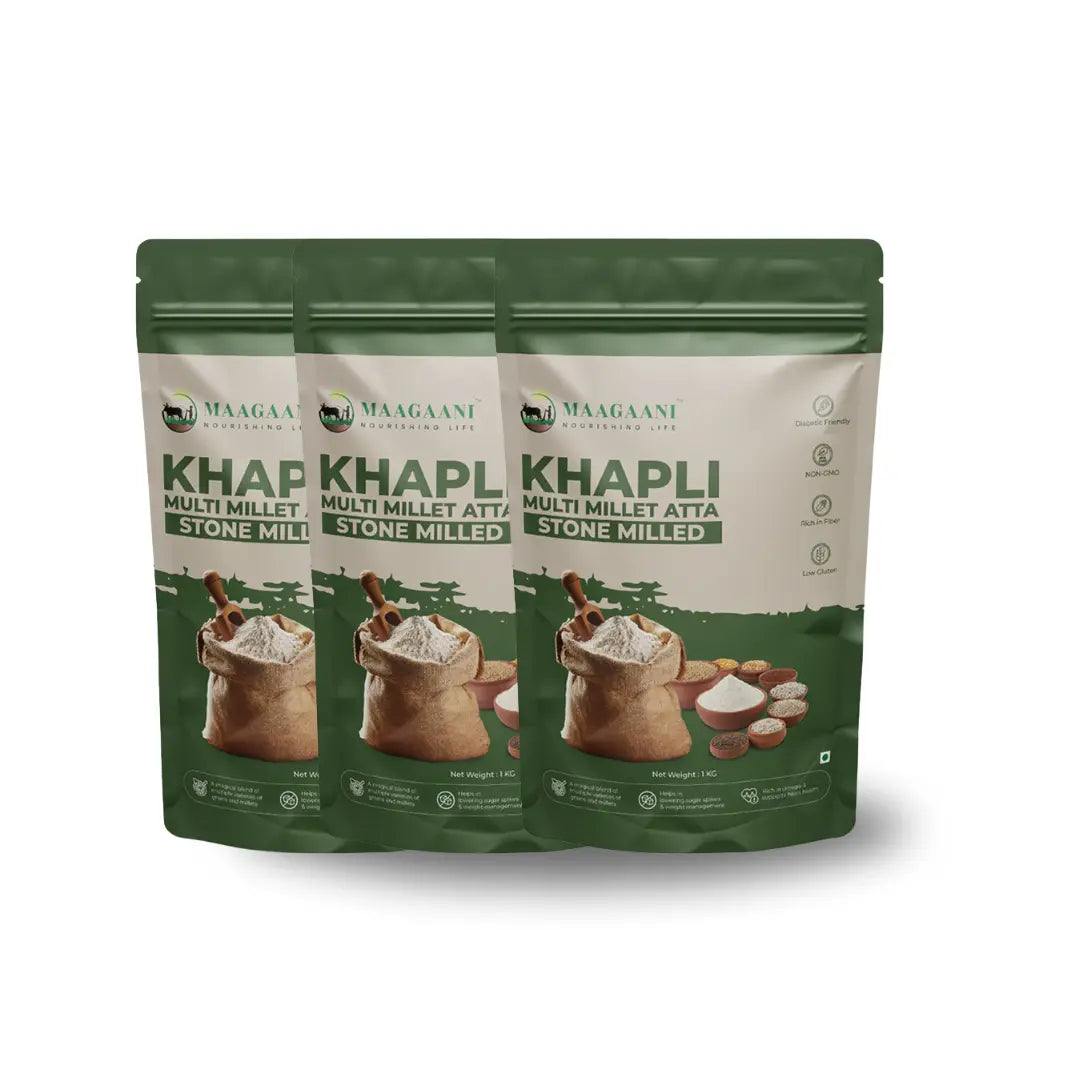 Three packages of Maagaani Khapli Multi Millet Atta on a white background