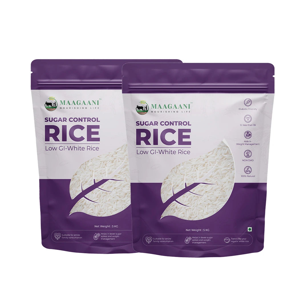 Two packages of Maagaan Sugar Control Rice on a white background