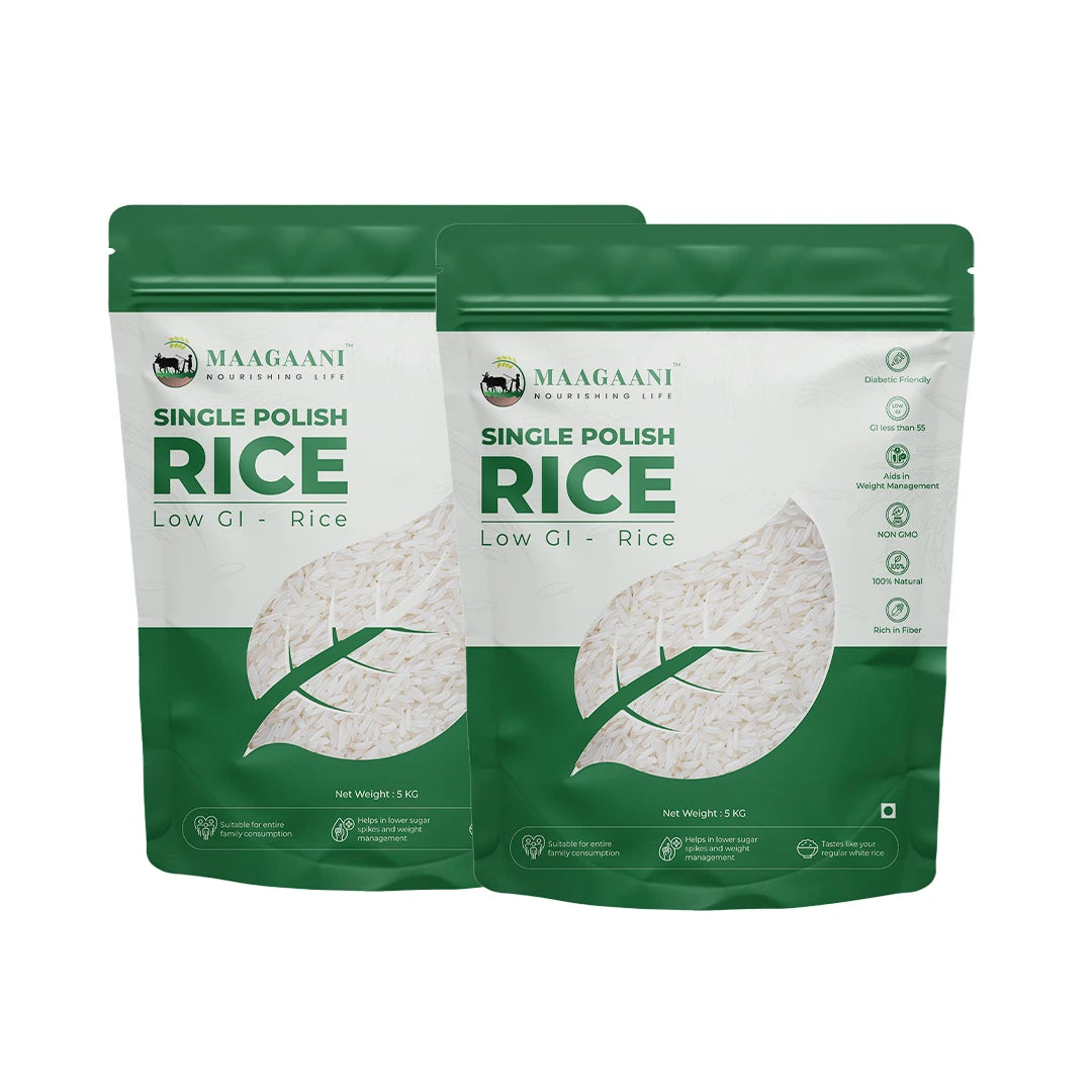 Two packages of Maagaani Single Polish Rice on a white background