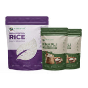 Two rice packaging bags from Maagaani on a white background