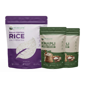 Two rice packaging bags from Maagaani on a white background
