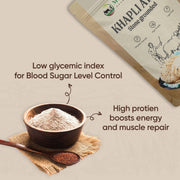 Bowl of powder with a spoon and Khapli Natura package on a beige background