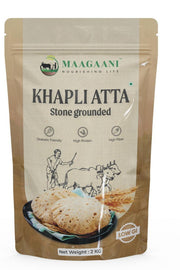 Maagaani Khapli Atta packaging with text and images on a white background
