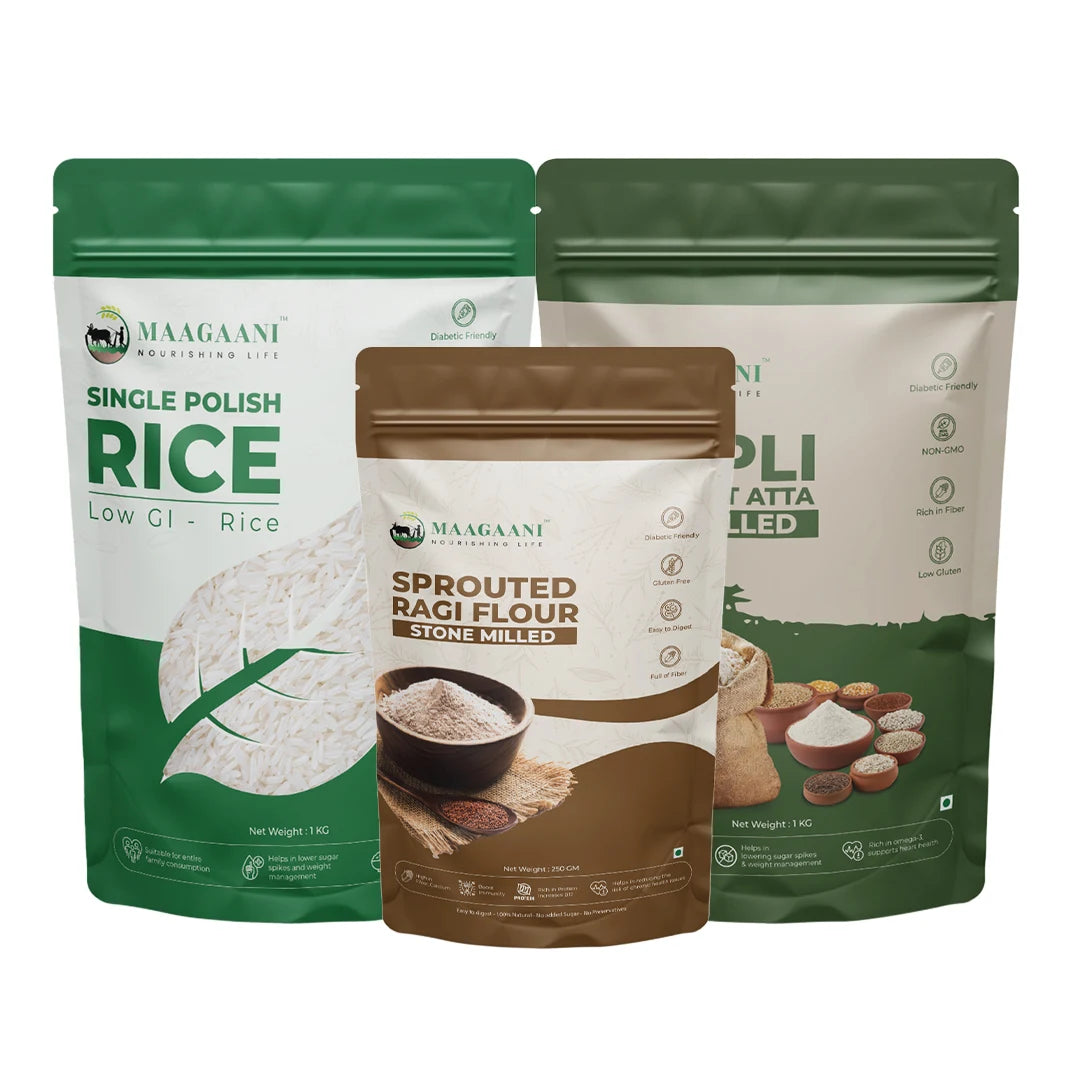 Three packages of Maagaani products including rice, atta, and sprouted ragi flour on a white background.